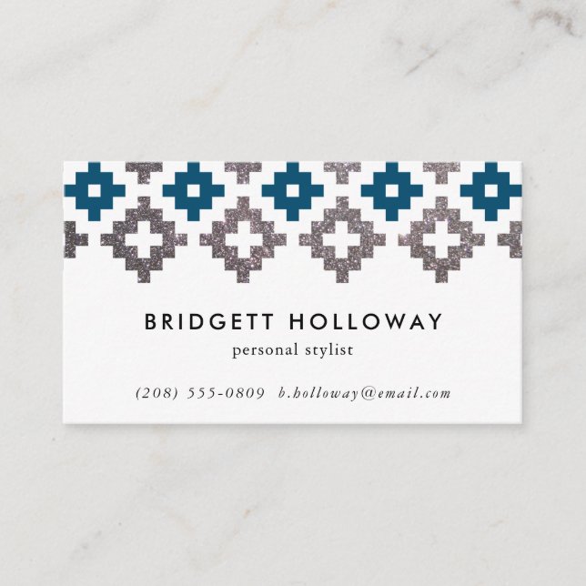 Modern Southwest Blanket Navy and Silver Glitter Business Card (Front)