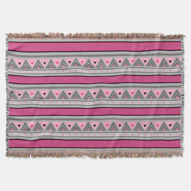 Modern Southwestern Geometric, Pink & Grey / Grey Throw Blanket (Front)