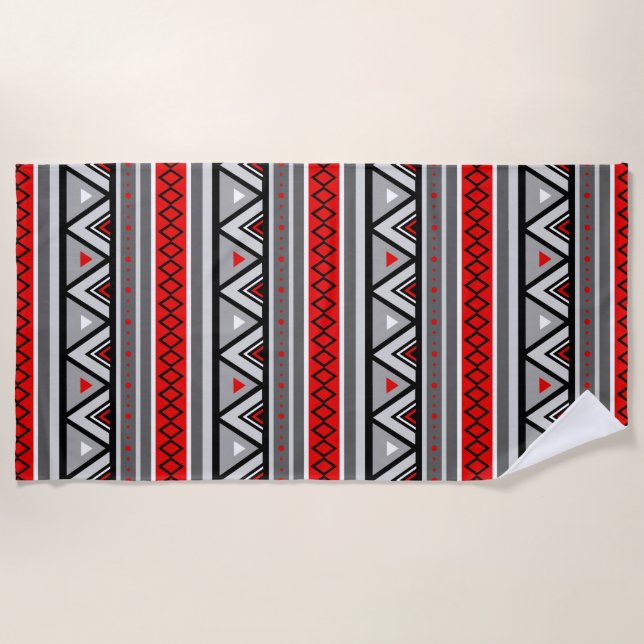 Modern Southwestern Geometric, Red & Grey / Grey Beach Towel (Front)