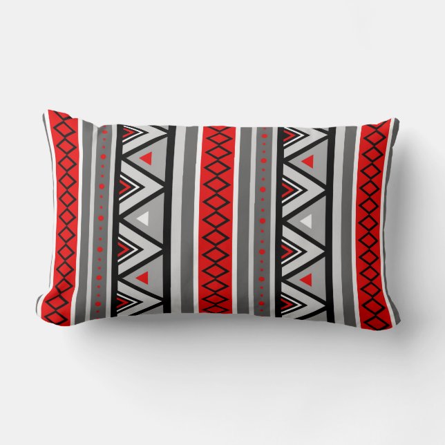 Modern Southwestern Geometric, Red & Grey / Grey Lumbar Cushion (Front)