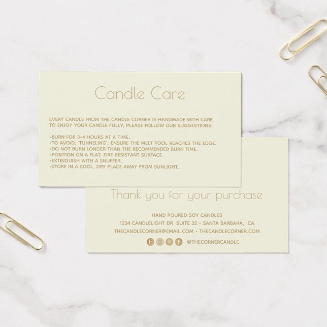 Modern  Soy Candle Care Card with Logo (Office)