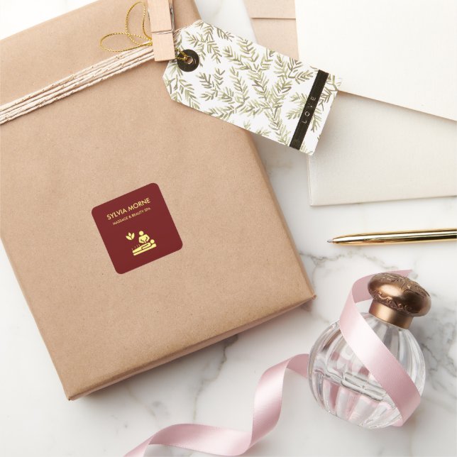 Modern spa yellow silhouette maroon square sticker (Gifting)