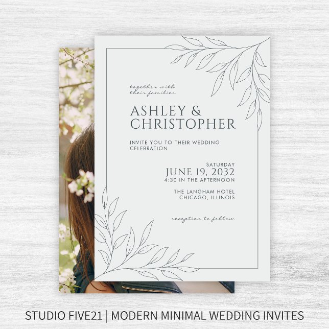 Modern Space Grey Foliage Outline Photo Wedding Invitation (Creator Uploaded)