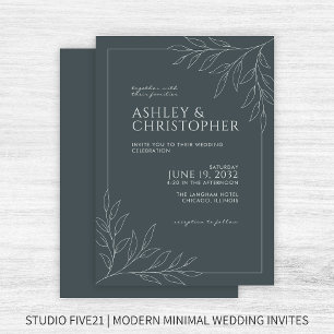 Modern Space Grey Foliage Outline Wedding Invitation