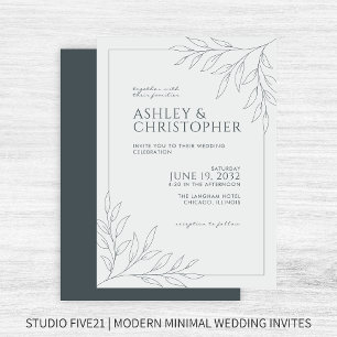 Modern Space Grey Foliage Outline Wedding Invitation
