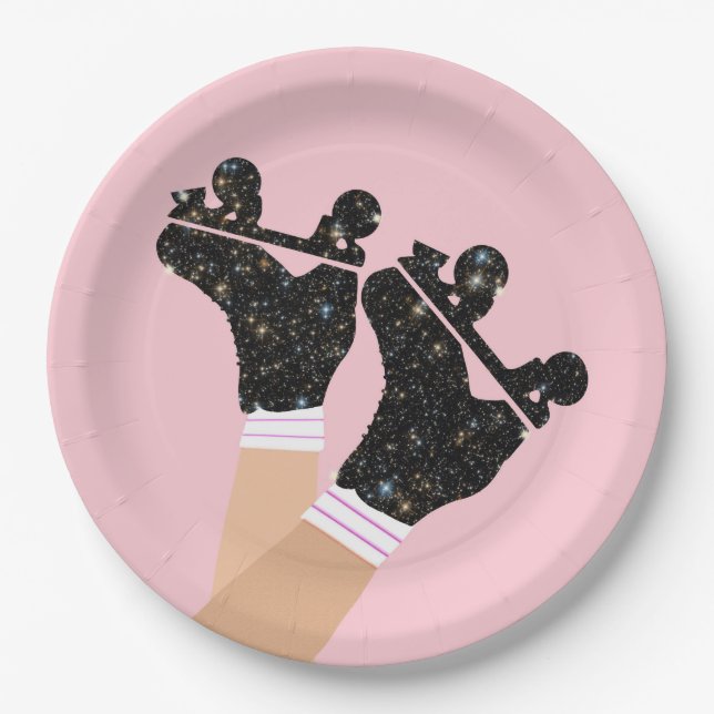 Modern Space Roller Skates Derby Pink Party  Paper Plate (Front)