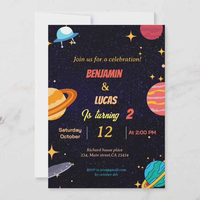 Modern Space twins boy birthday party invitation (Front)