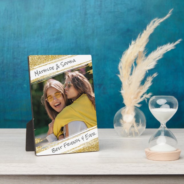 Modern Sparkle Gold Glitter Photo BBF Best Friend  Plaque (Side)