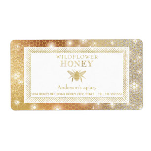 Modern sparkle honey comb gold bee honey jar label
