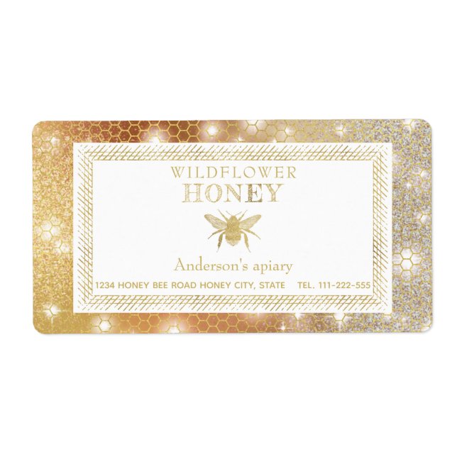 Modern sparkle honey comb gold bee honey jar label (Front)