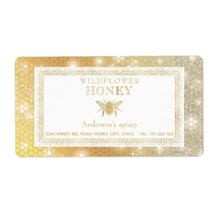 Modern sparkle honeycomb gold bee honey jar label