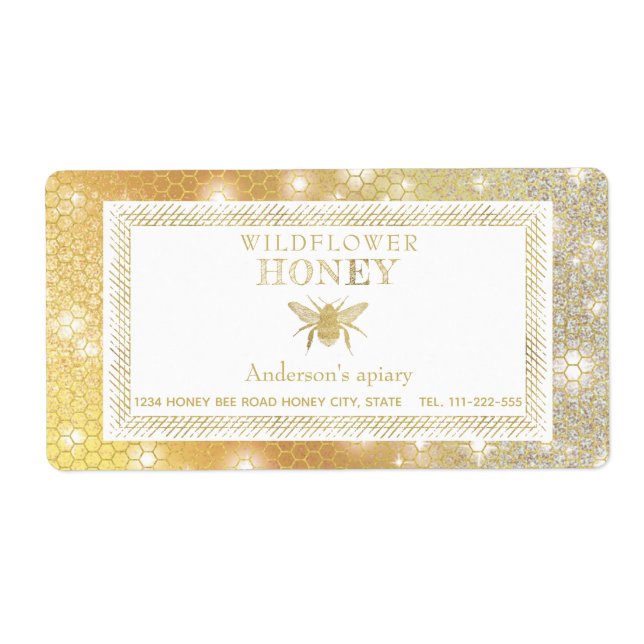 Modern sparkle honeycomb gold bee honey jar label (Front)