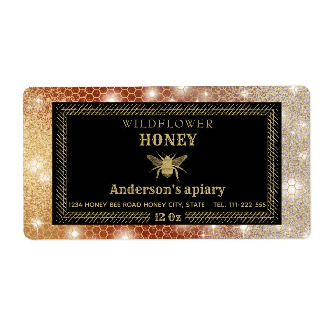 Modern sparkle honeycomb gold bee honey jar label (Front)