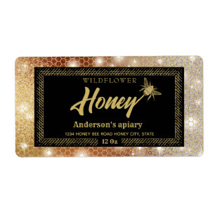 Modern sparkle honeycomb gold bee honey jar label