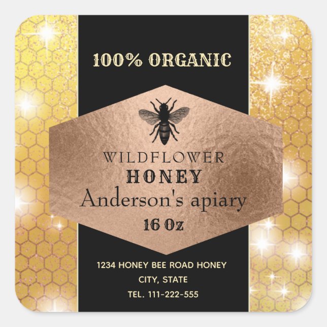 Modern  sparkle rosegold bee honey jar label (Front)