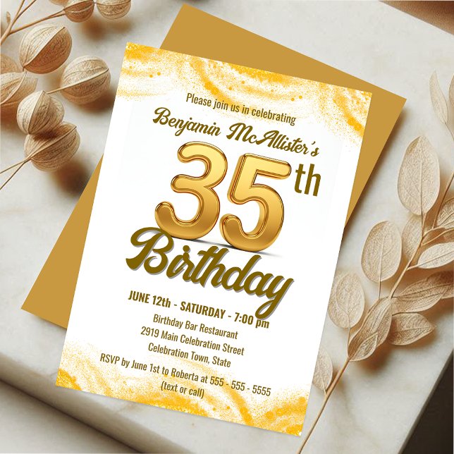 Modern Sparkling Golden 35th Birthday Celebration Invitation (Creator Uploaded)