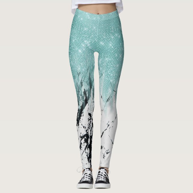 Modern Sparkly Aqua White Marble Glitter Gradient Leggings (Front)