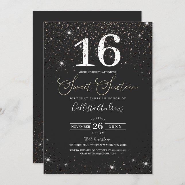 Modern Sparkly Black Glitter Confetti Sweet 16 Invitation (Front/Back)
