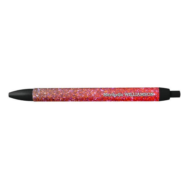 Modern Sparkly RED GLITTER Personalised Black Ink Pen (Front)