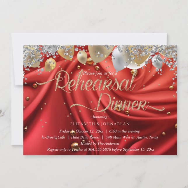 Modern Sparkly Royal Red Minimal Rehearsal Dinner Invitation (Front)