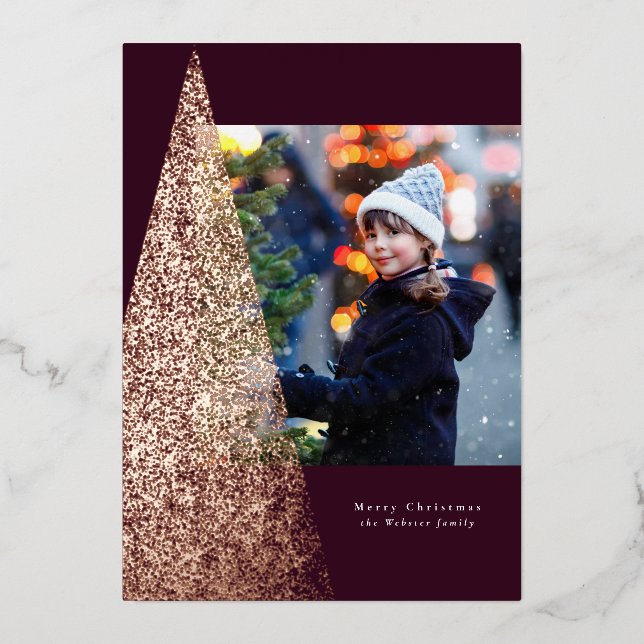 Modern speckle Christmas tree plum unique photo Foil Holiday Card (Front)