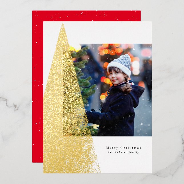 Modern speckle Christmas tree unique one photo Foil Holiday Card (Front/Back)