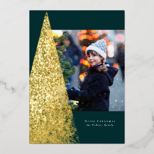 Modern speckle tree green one photo unique foil holiday card