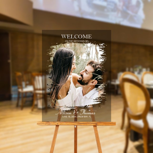 Modern Splatter Wedding Photo Welcome Black Acrylic Sign (Make a dazzling entrance and warmly greet guests with our captivating photo acrylic wedding sign!)