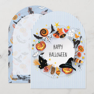 Modern Spooky Blue Stripes Halloween Pumpkin Holiday Card