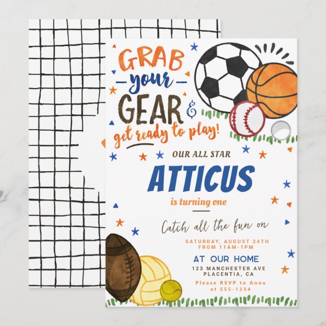 Modern Sports All Star birthday Party Invitation (Front/Back)