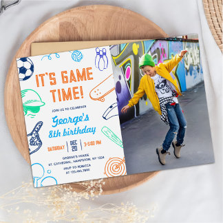 Modern Sports It's Game Time! Kids Birthday Photo Invitation