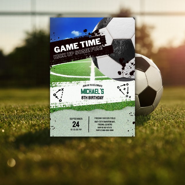Modern Sports Soccer Ball Boys Birthday Party Invitation (Modern sports soccer kids birthday party invitation)