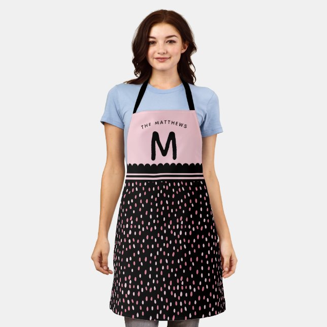 Modern Spots Custom Name & Monogram Pink & Black Apron (Worn)