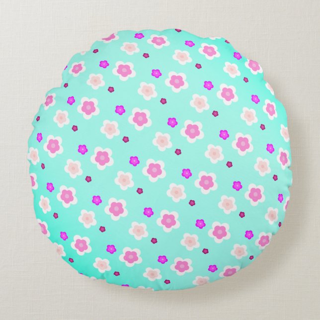 Modern Spring aqua gradient purple flora pattern Round Cushion (Front)