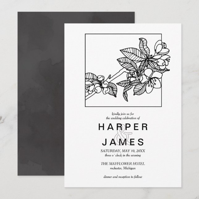 Modern spring cherry blossom in frame wedding invitation (Front/Back)