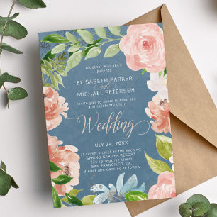 Modern spring dusty blue and orange floral wedding invitation
