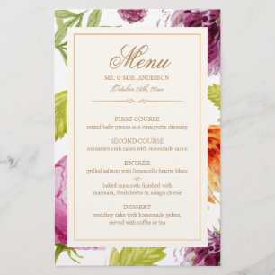 Modern Spring Floral Easy Edit Wedding Dinner Menu