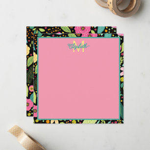 Modern Spring Flowers on Black Monogram Card