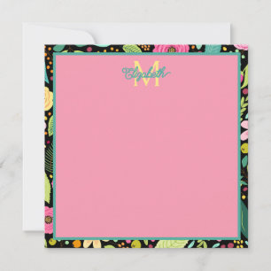 Modern Spring Flowers on Black Monogram Card