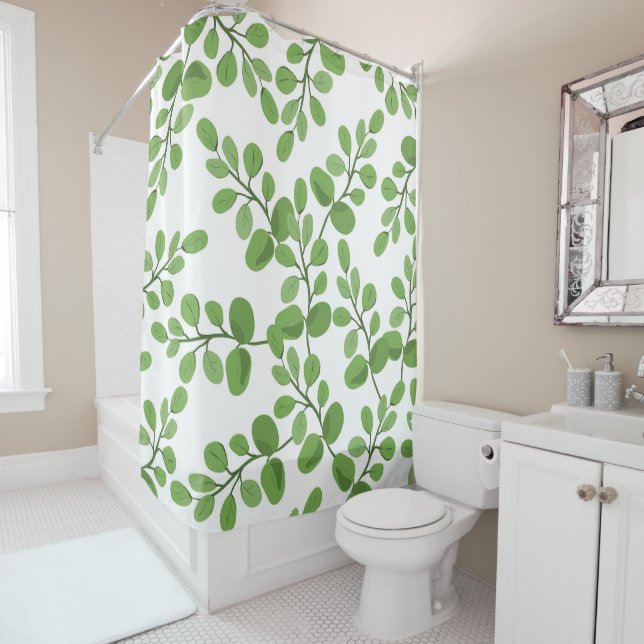 Modern Spring Green Botanical Pattern Leaves Home Shower Curtain (In Situ)