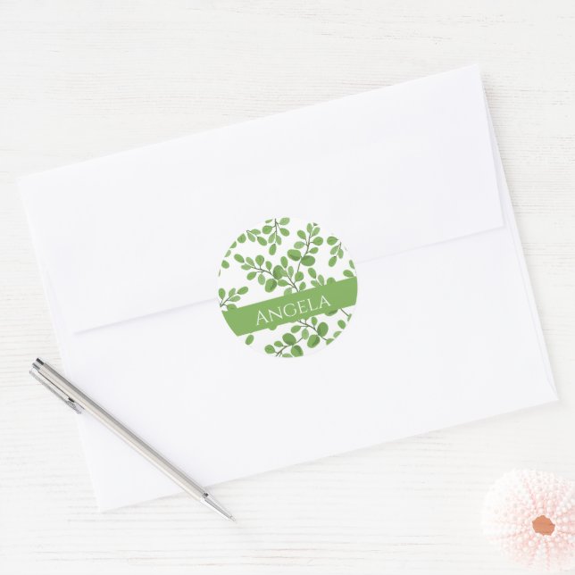 Modern Spring Green Botanical Pattern Leaves Name  Classic Round Sticker (Envelope)