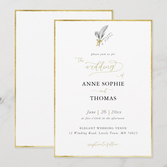 Modern Spring Lily of Valley Gold Bow Wedding Invitation (Front/Back)