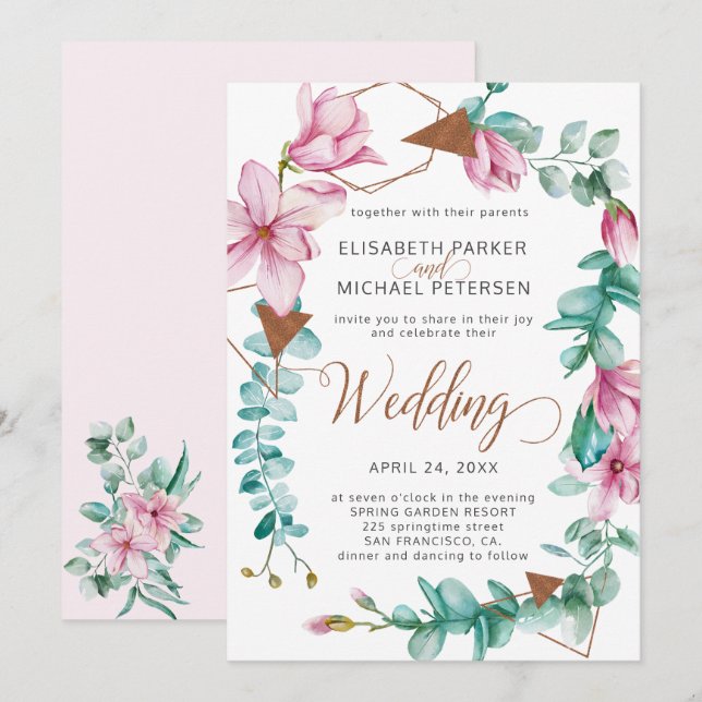Modern spring pink mint magnolia wreath wedding invitation (Front/Back)