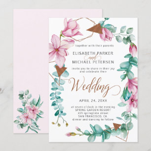 Modern spring pink mint magnolia wreath wedding invitation