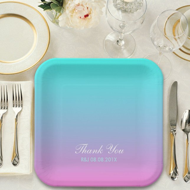 modern spring pink turquoise ombre wedding favour paper plate (modern spring pink turquoise ombre wedding favor paper plates)