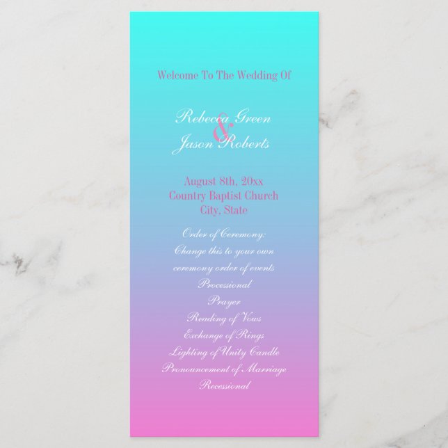 modern spring pink turquoise ombre wedding program programme (Front)