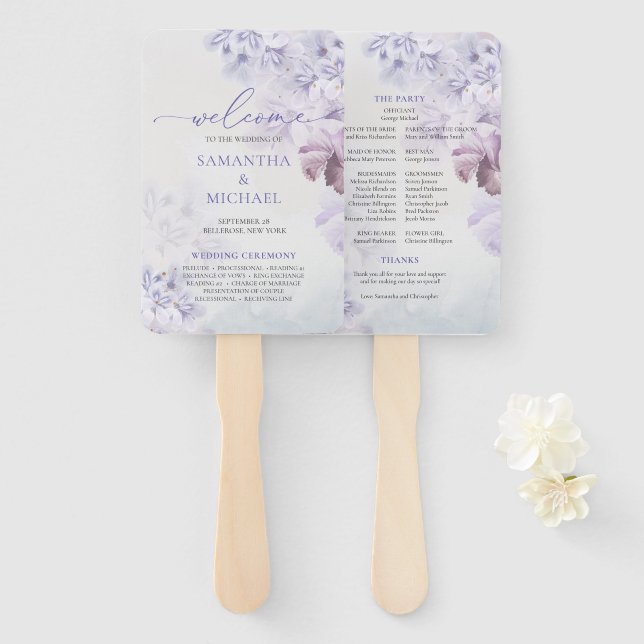 Modern spring purple floral boho wedding hand fan (Front and Back)