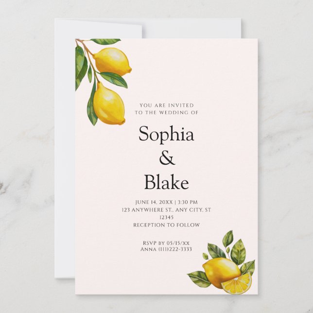 Modern Spring Themed Lemon Citrus Blush Wedding Invitation (Front)