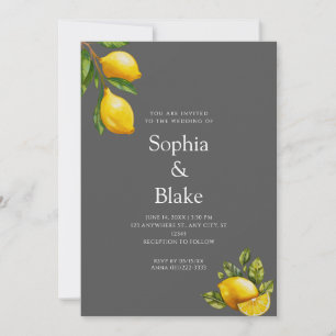 Modern Spring Themed Lemon Citrus Grey Wedding Invitation