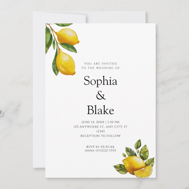 Modern Spring Themed Lemon Citrus White Wedding Invitation (Front)